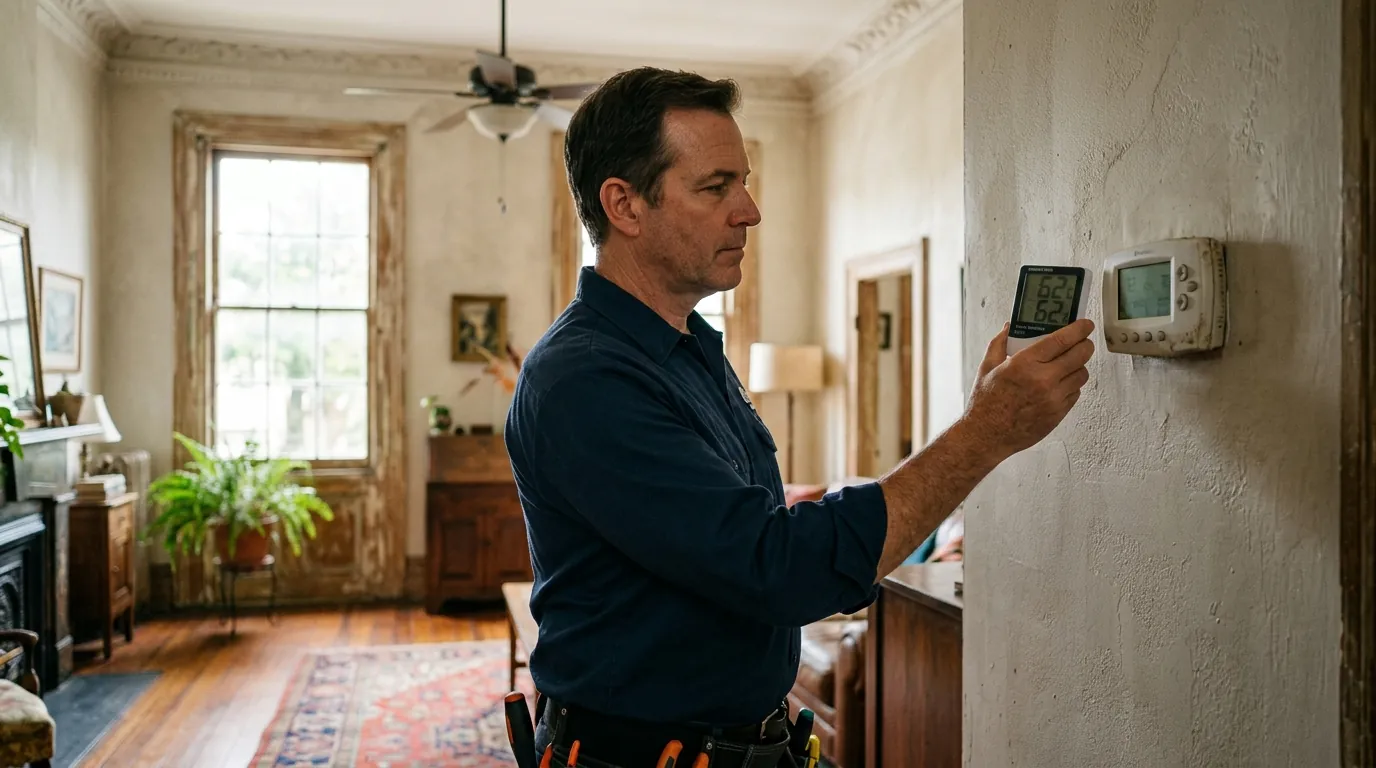 Technician checking indoor humidity beside a thermostat
