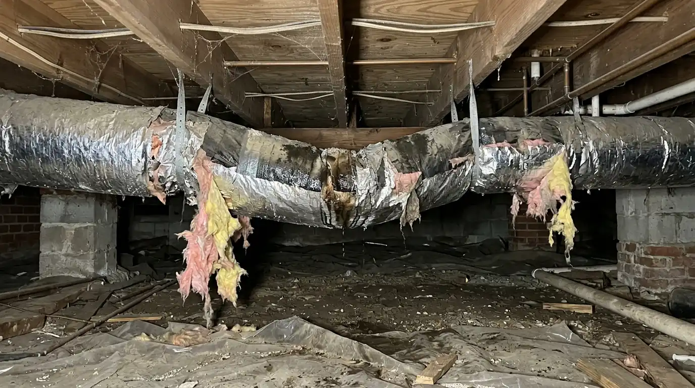 Sagging duct with torn insulation under a raised house
