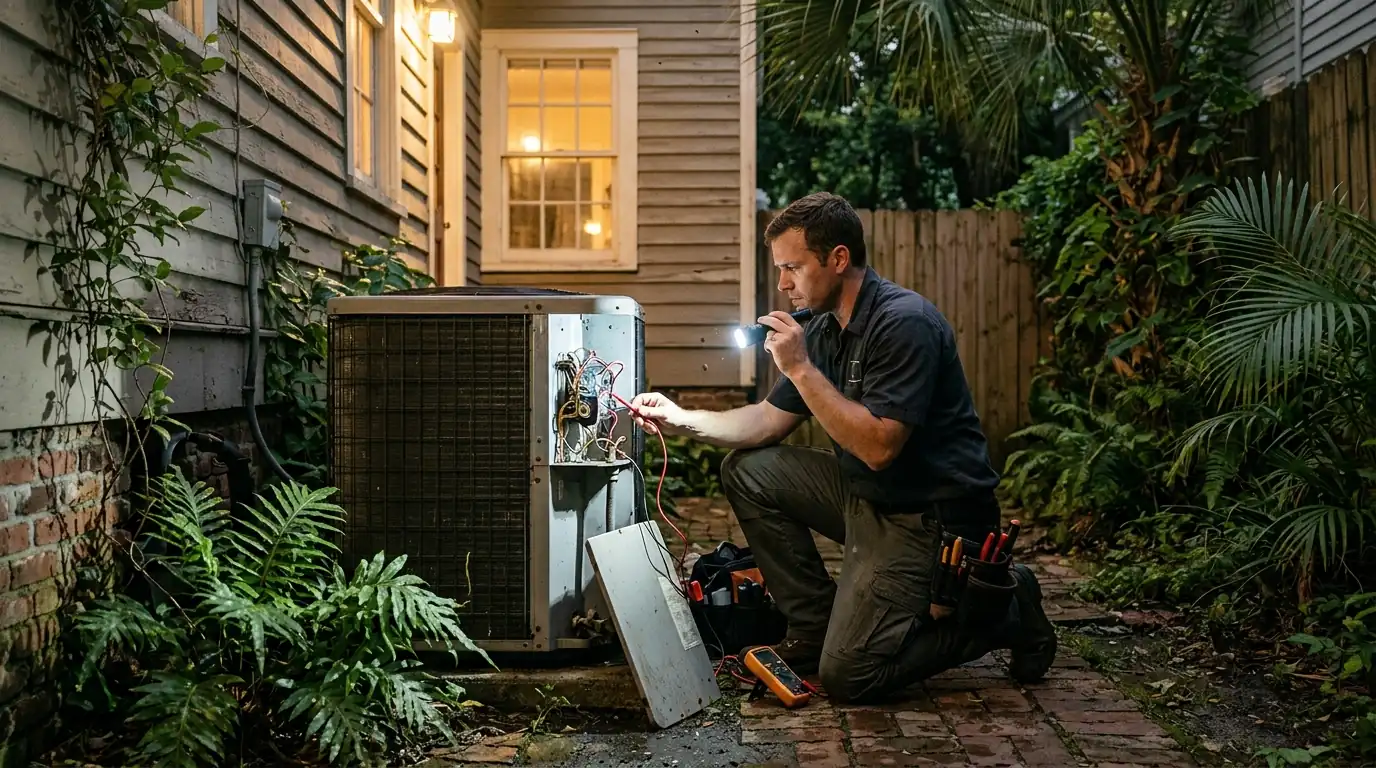 Technician repairing an outdoor AC unit at night in New Orleans