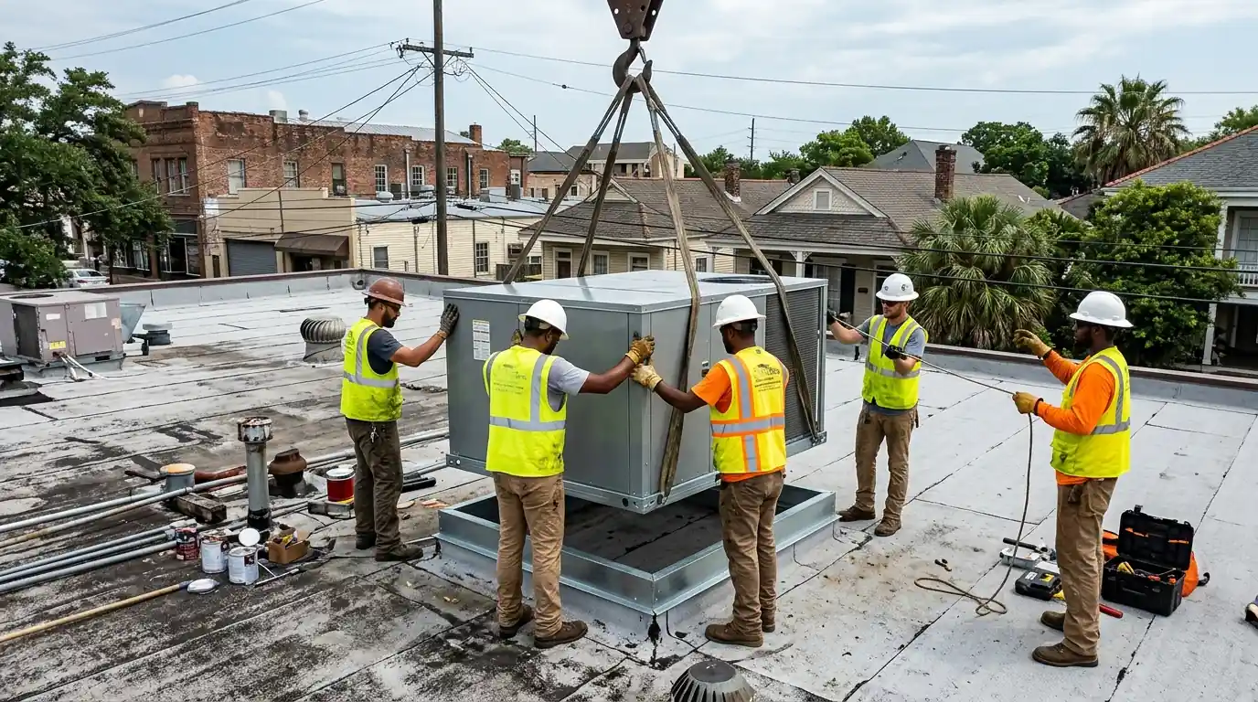 New rooftop HVAC unit being set on a curb by crane in New Orleans