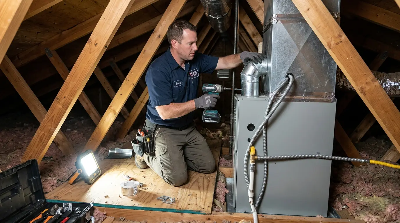New gas furnace being installed on an attic platform