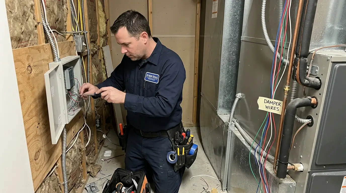 Technician wiring a zone control panel beside an air handler