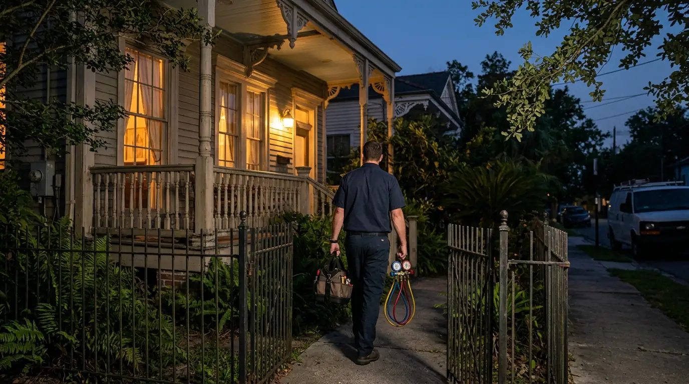 Technician arriving at a New Orleans home in the evening