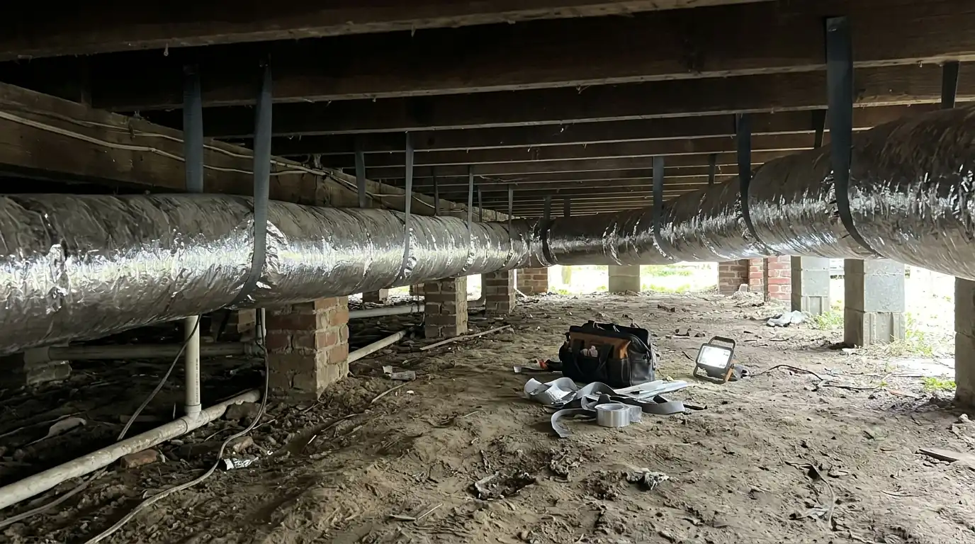 Insulated ducts strapped under the floor of a raised New Orleans house