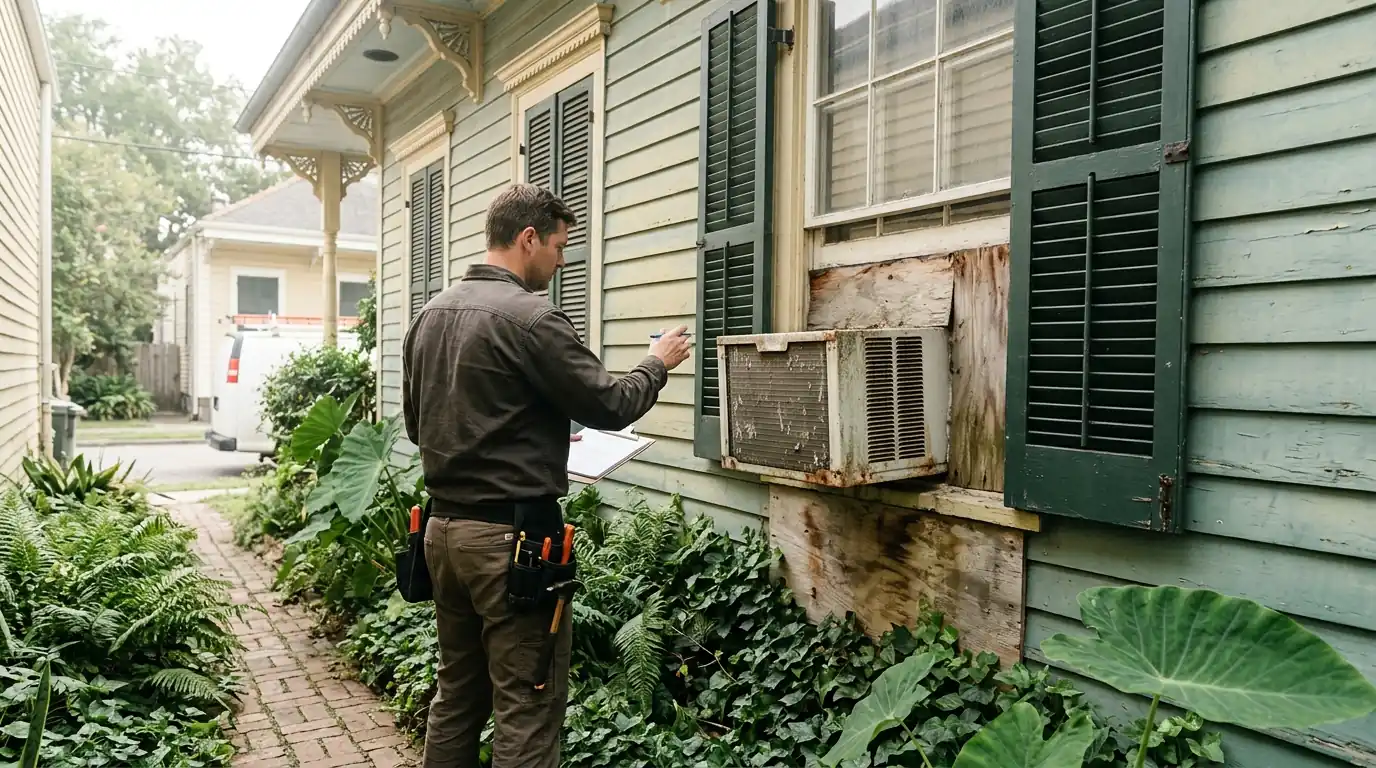 Window AC unit in a New Orleans cottage before central air was installed