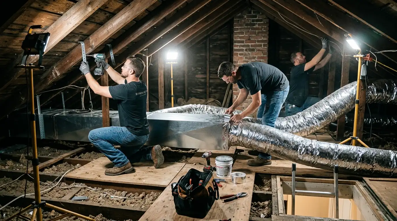 New sheet metal trunk line and flex branches in a New Orleans attic