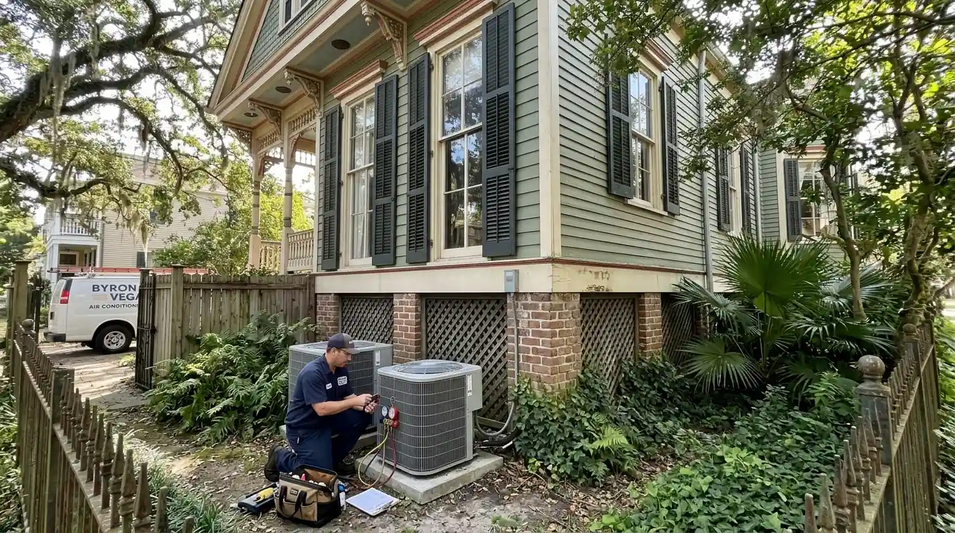 Two outdoor AC units beside a large Uptown home