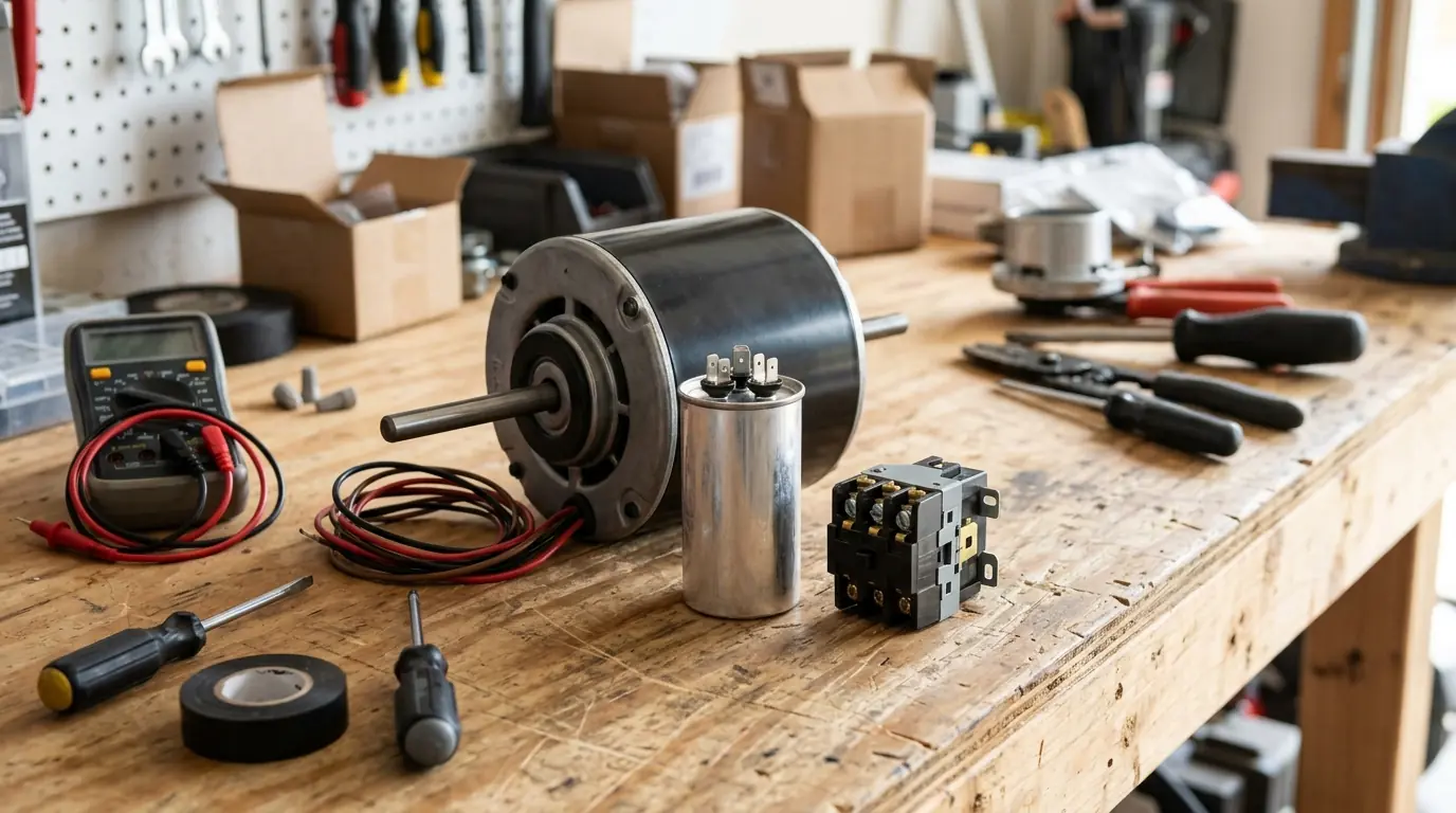 Replacement AC parts laid out on a workbench
