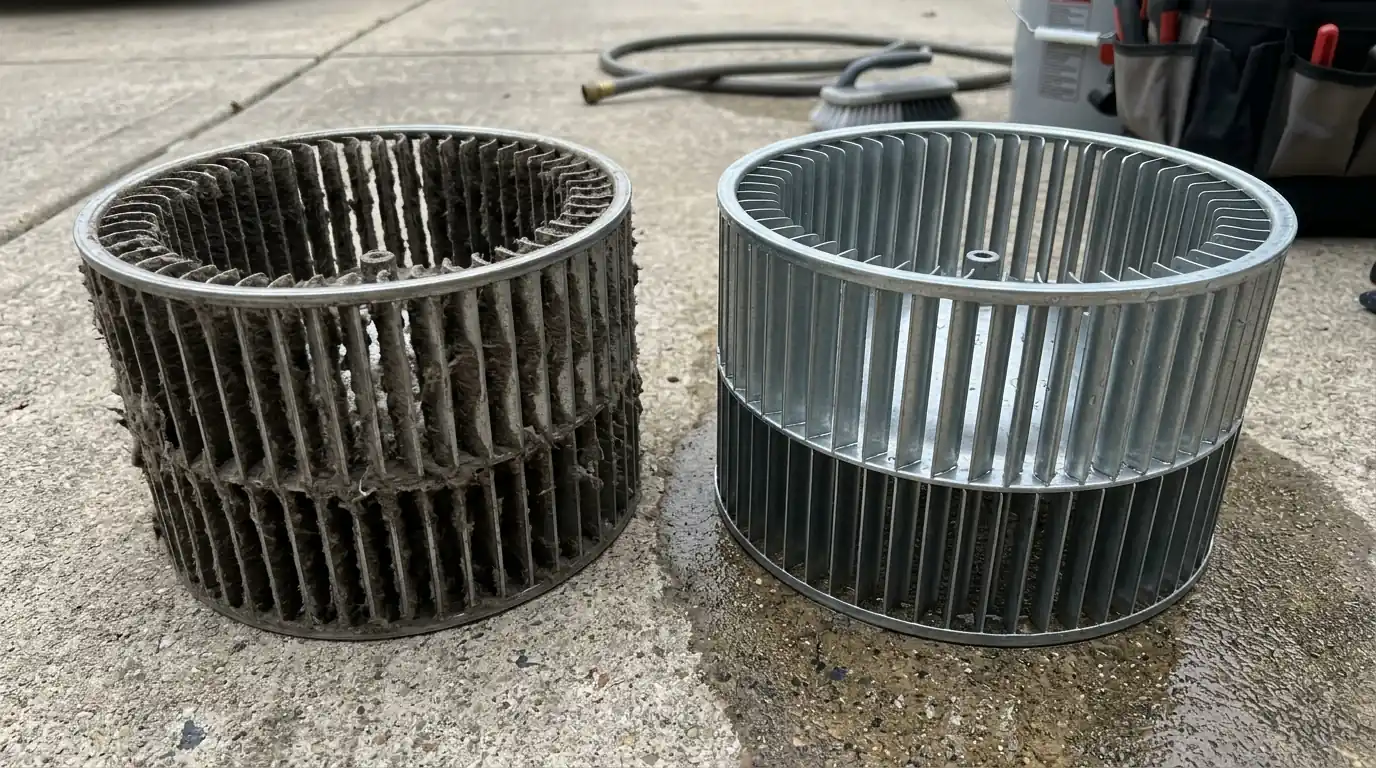 Dirty blower wheel next to the same wheel after cleaning