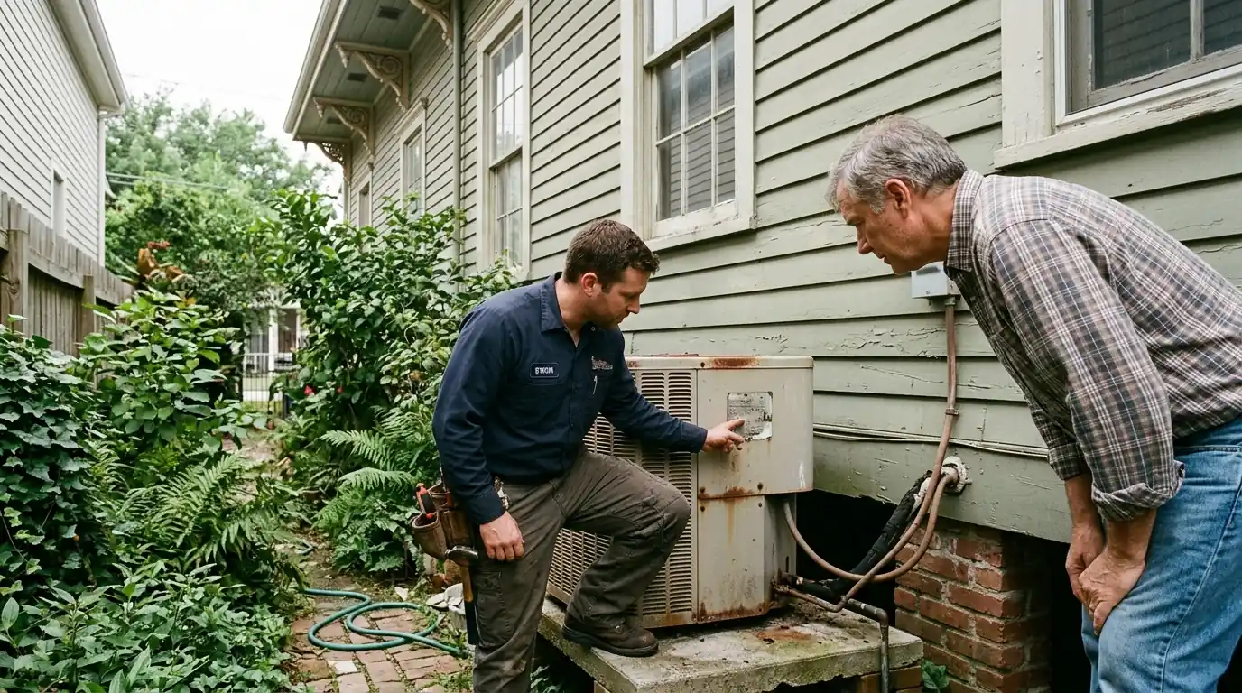 Technician showing a homeowner the data plate on an older AC unit