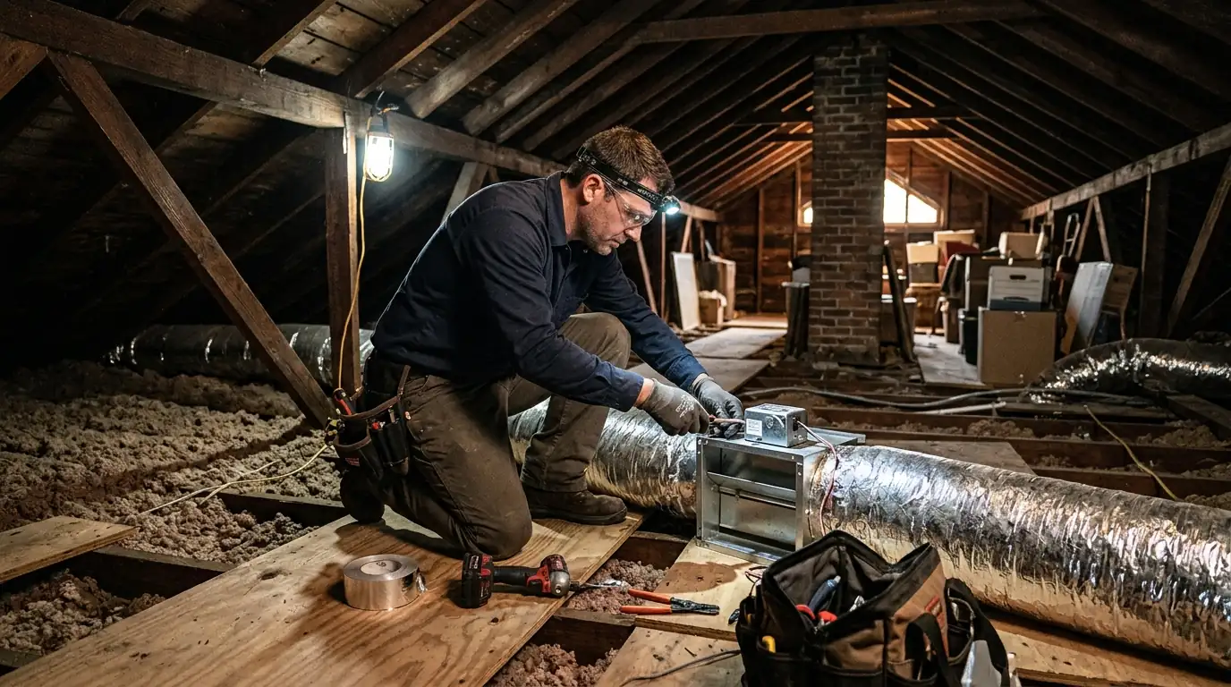 Zoning damper being installed in an Uptown attic