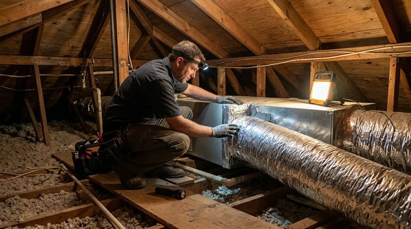 Technician checking an attic air handler above a slab ranch home in Little Woods