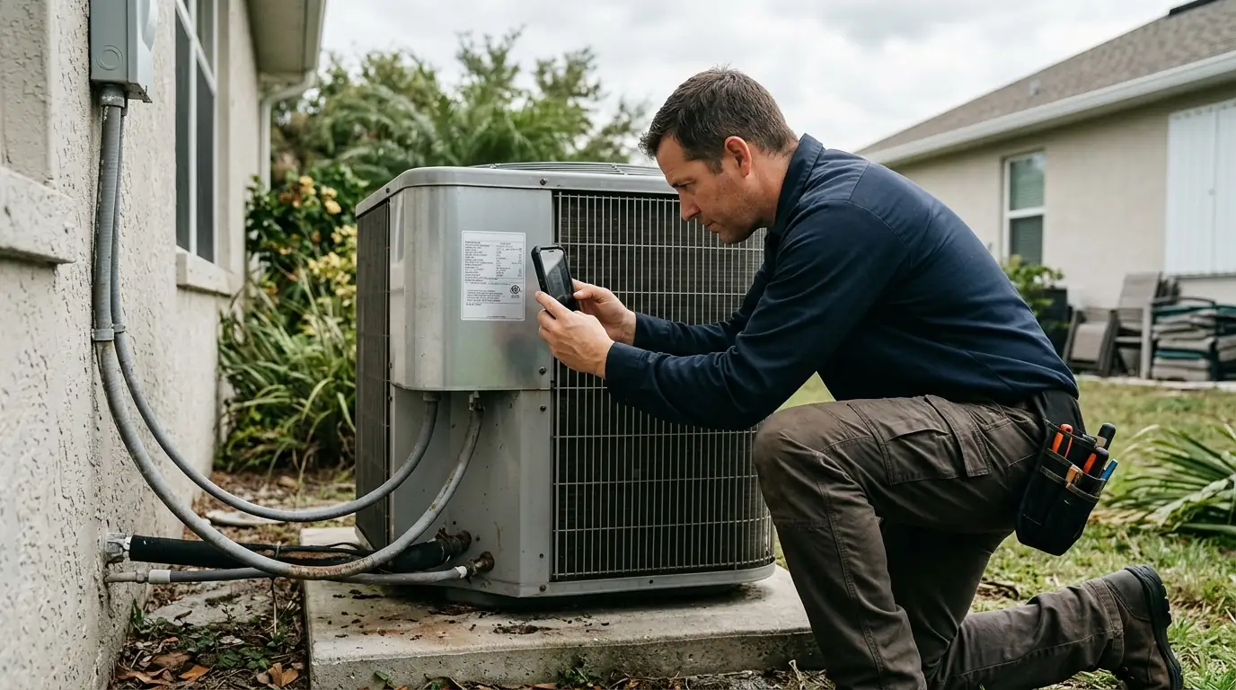 Technician photographing an outdoor AC unit before hurricane season