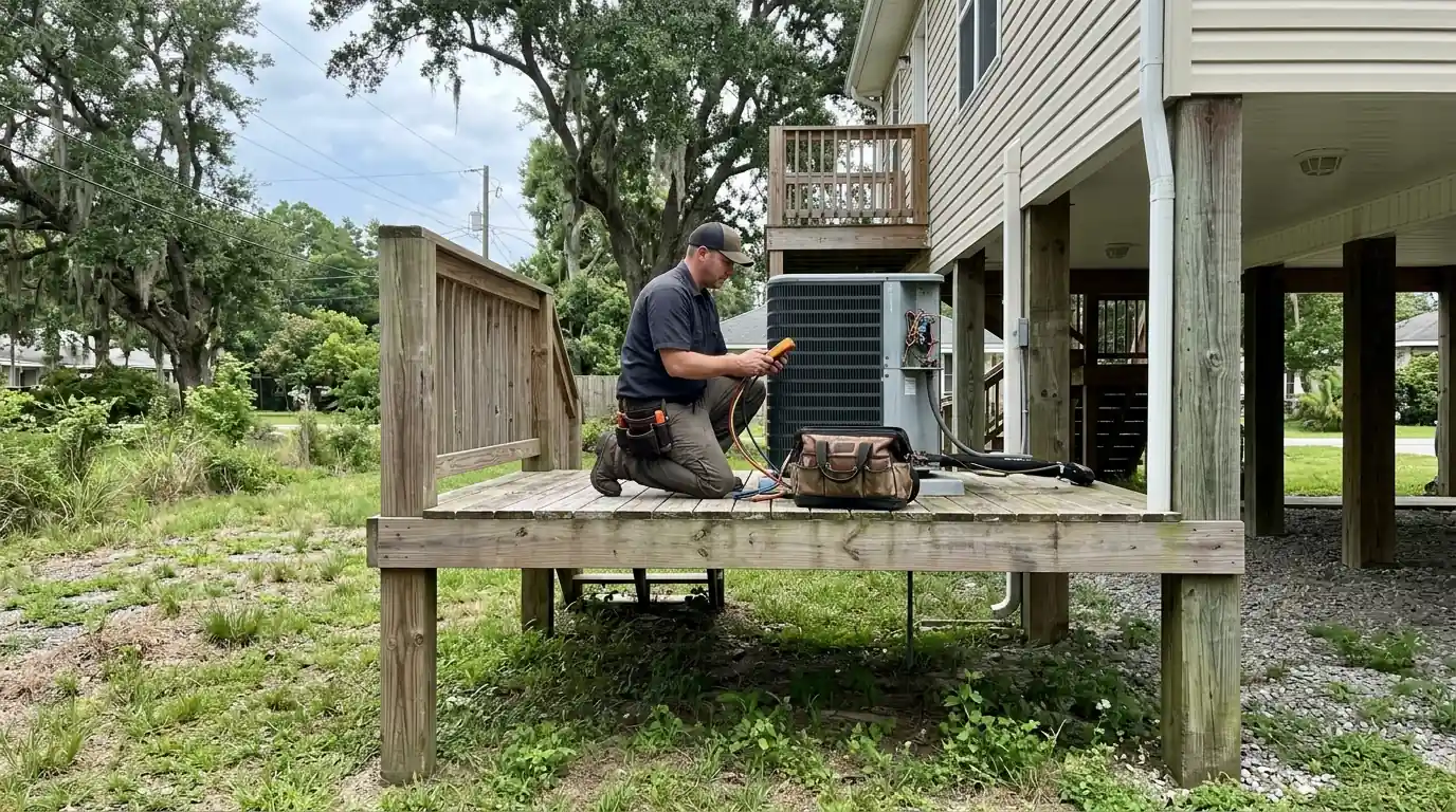 Outdoor AC unit on a raised platform beside a St. Bernard Parish home