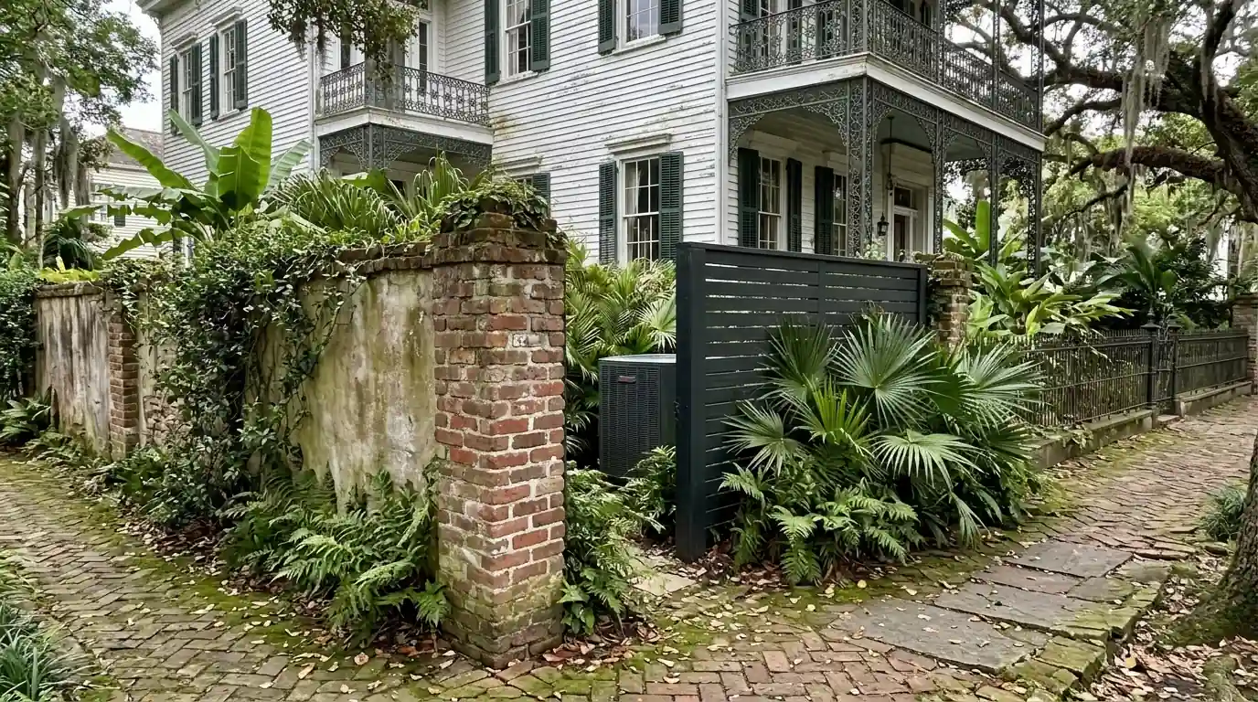 Outdoor AC unit screened behind a garden wall in the Garden District