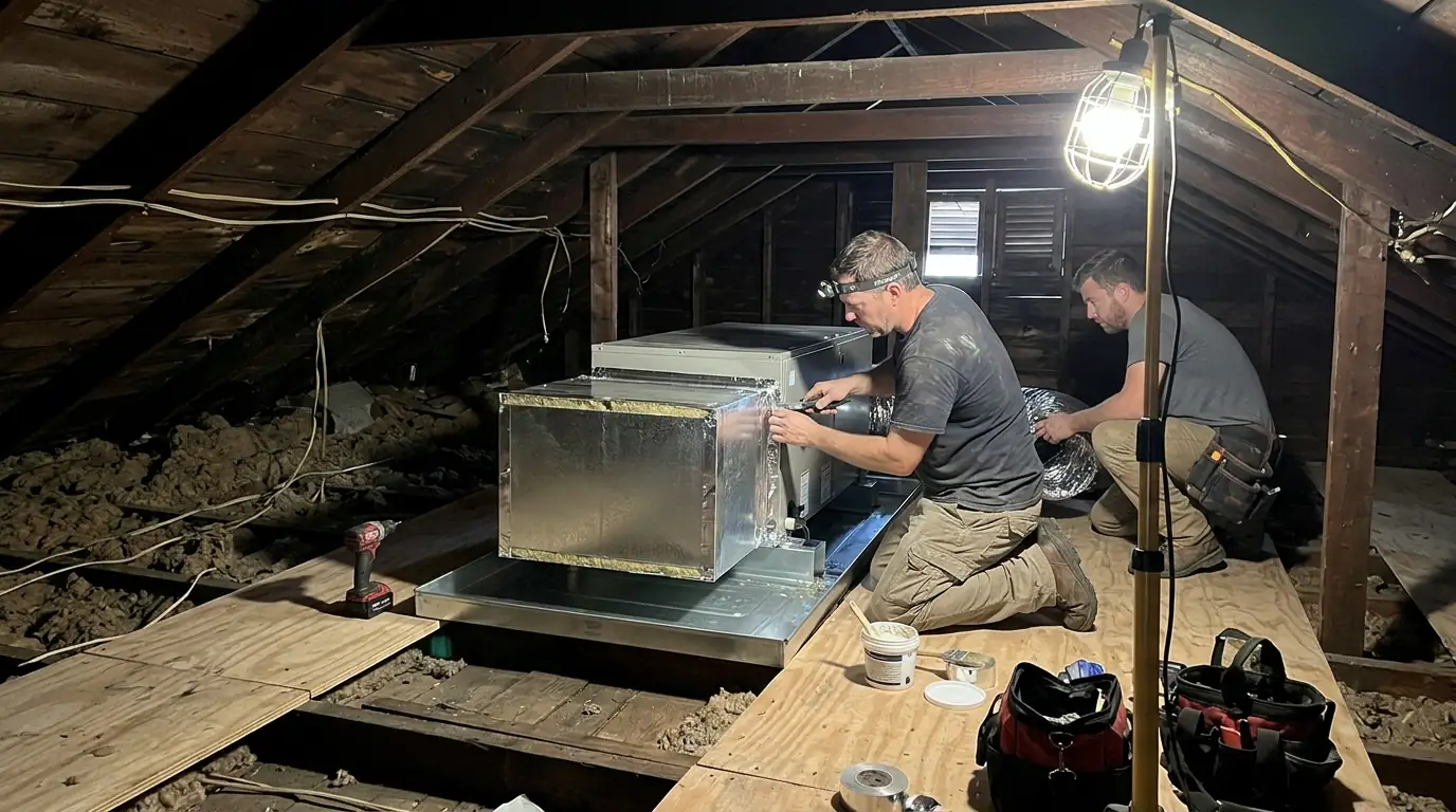 New attic air handler being installed in an older New Orleans home