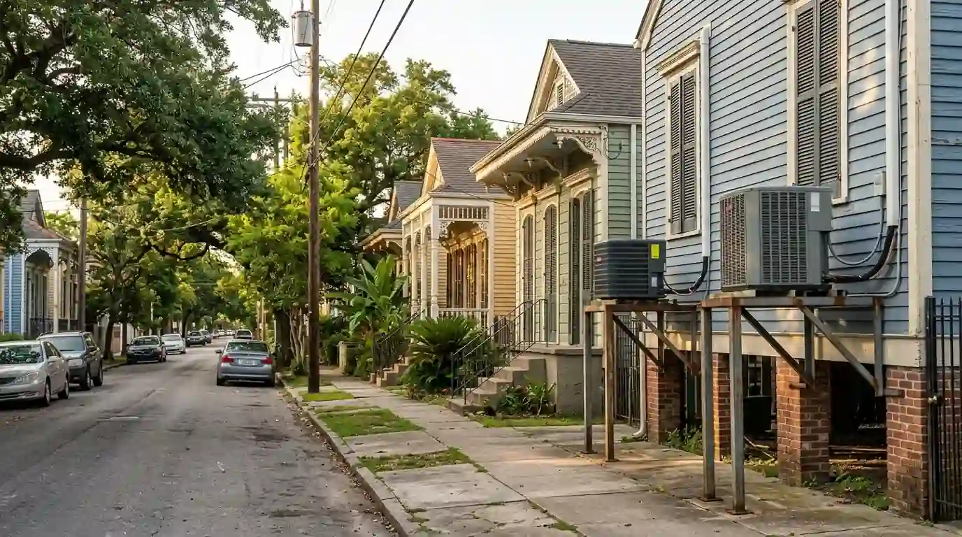 Row of raised New Orleans homes with condensers on stands