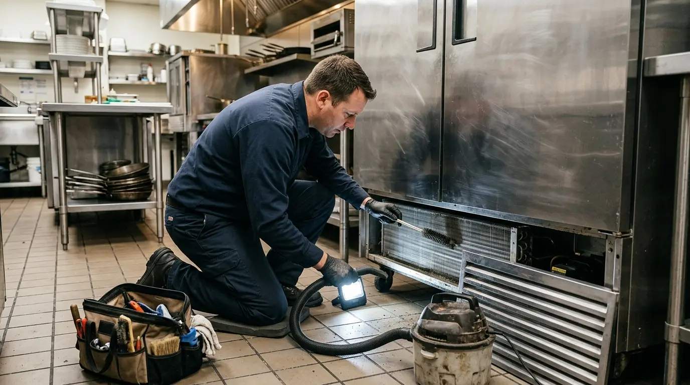 Technician cleaning the condenser of a commercial reach-in cooler
