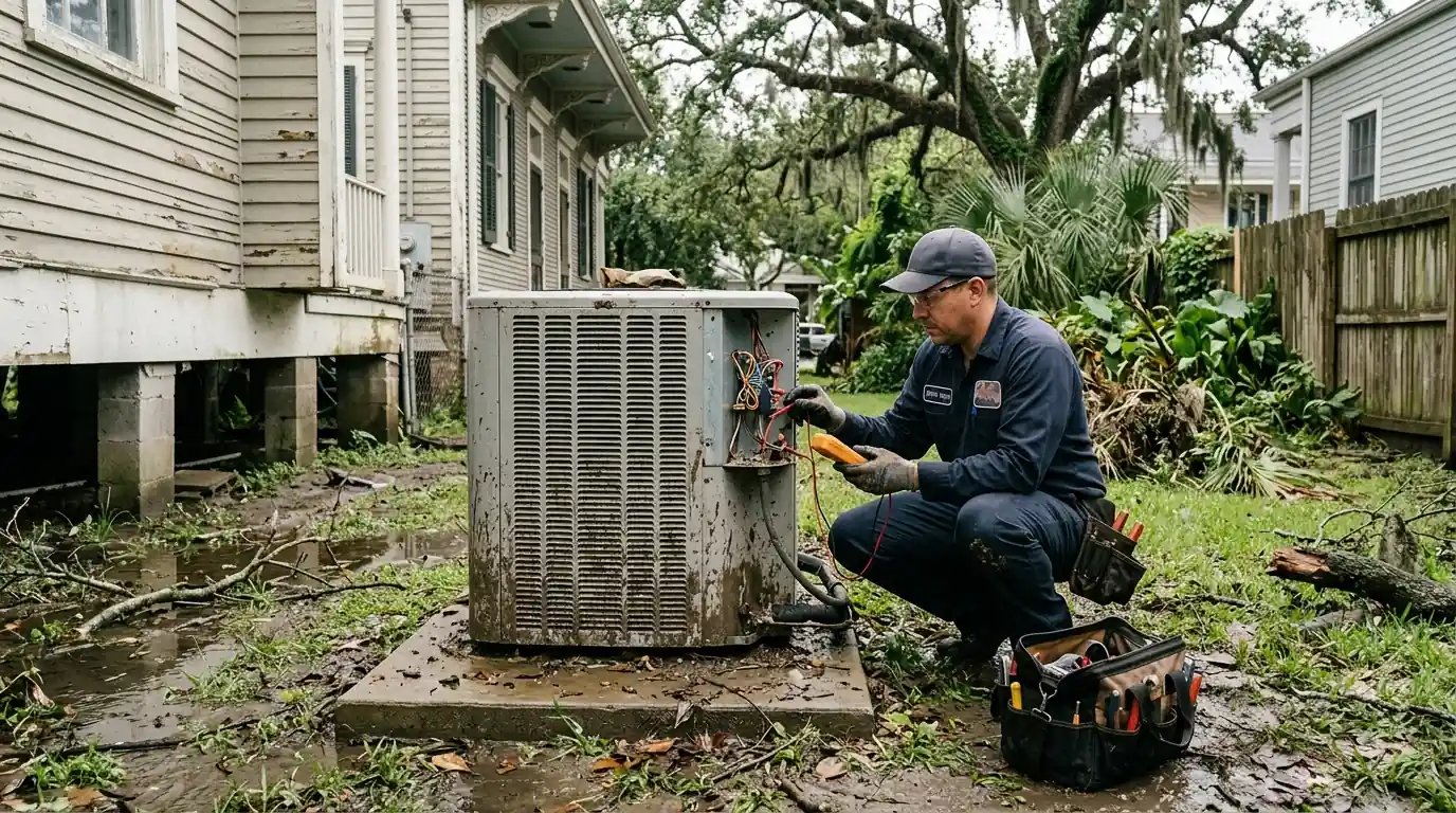 Technician inspecting a storm-damaged outdoor AC unit in New Orleans