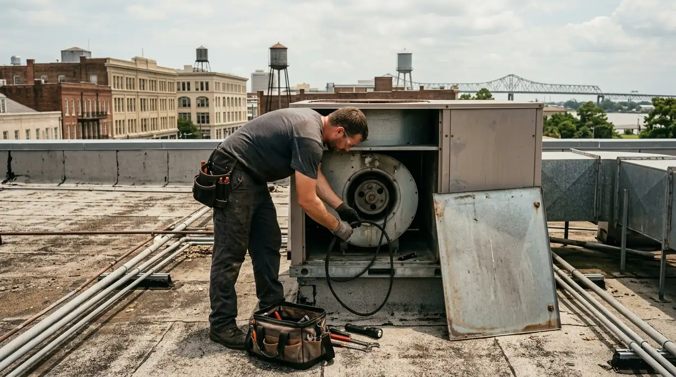 Technician replacing a blower belt in a rooftop HVAC unit