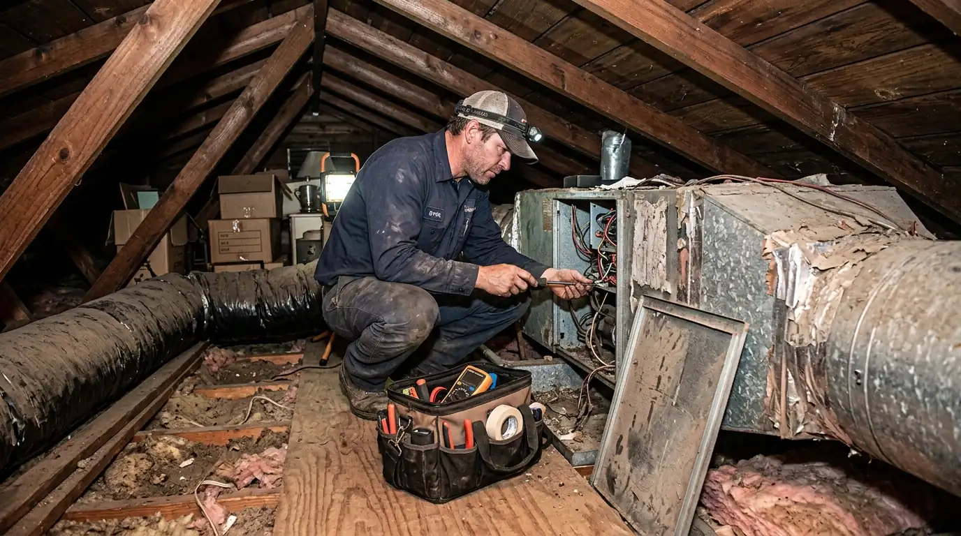 Technician servicing an attic air handler in a Jefferson Parish home