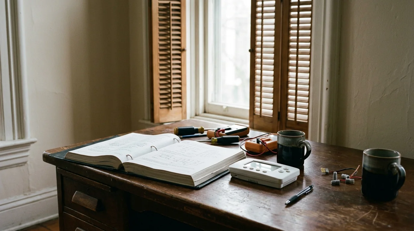 Desk with a service manual and a thermostat