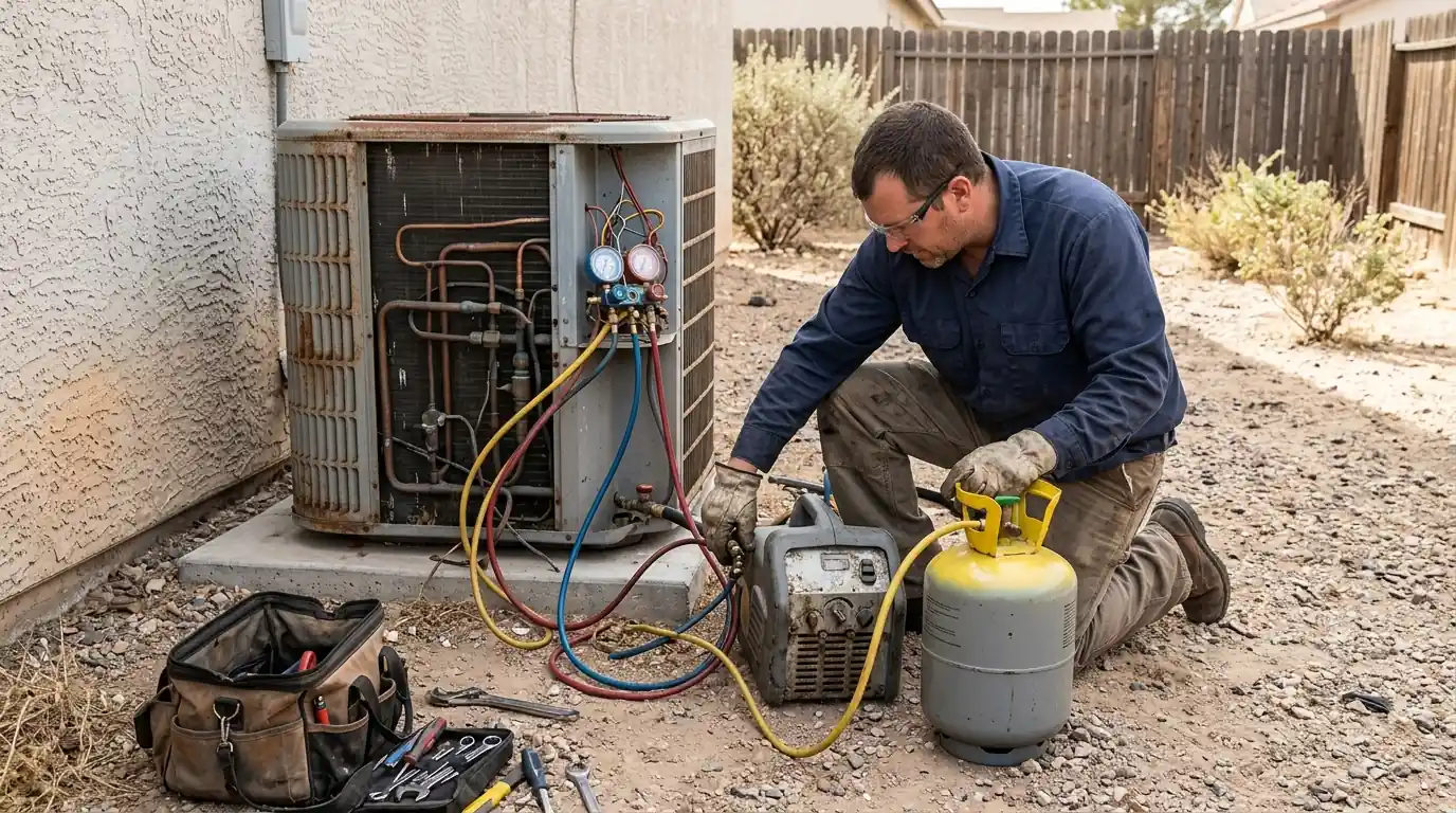 Technician recovering refrigerant from an old R-22 air conditioner
