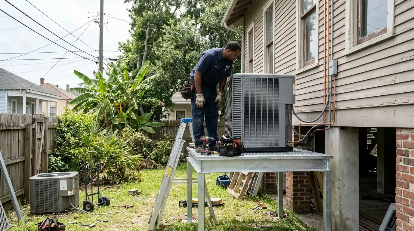 Technician setting a new outdoor AC unit on a tall platform beside a raised home