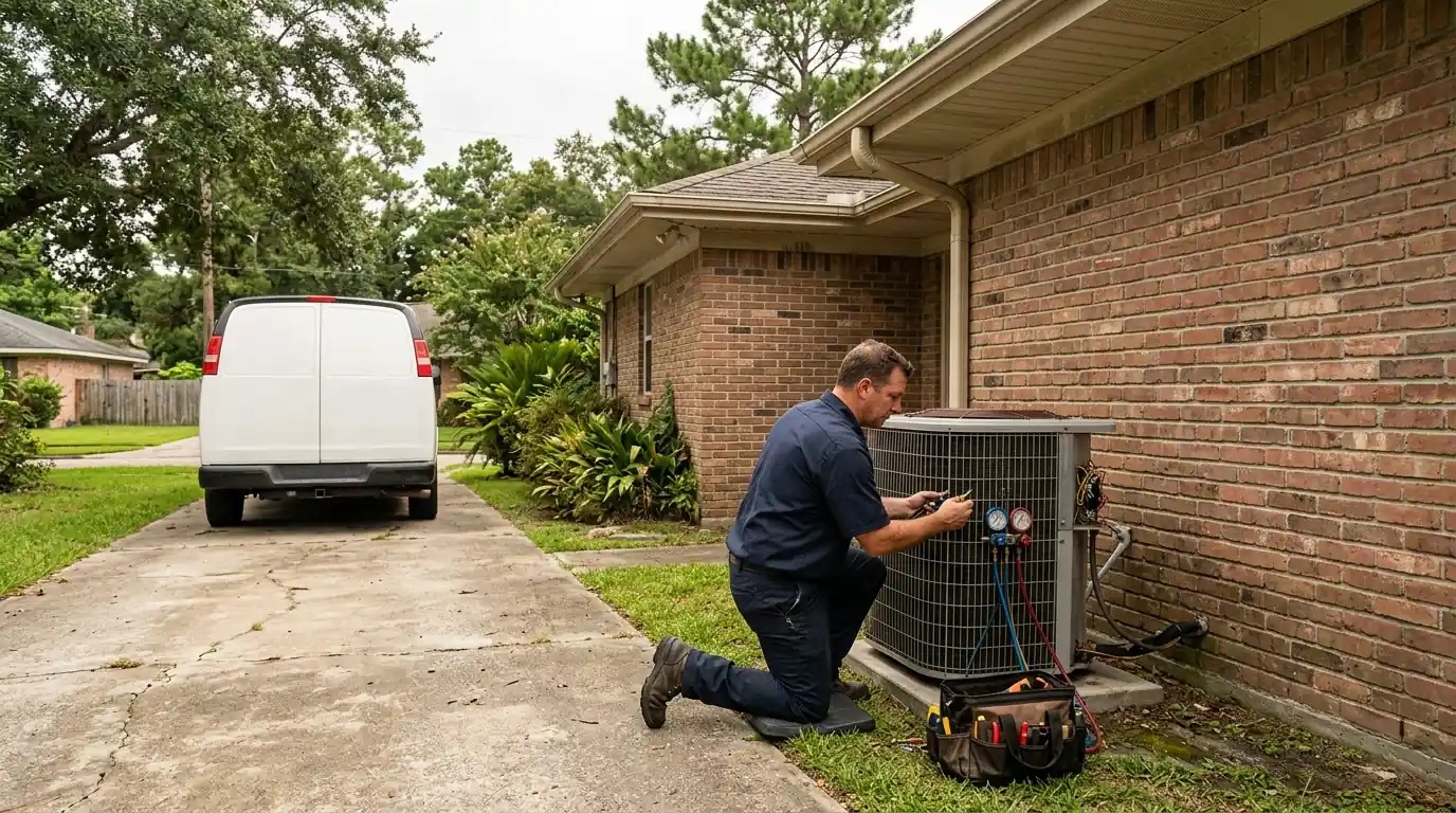 Brick ranch home with an outdoor AC unit beside the driveway in Little Woods