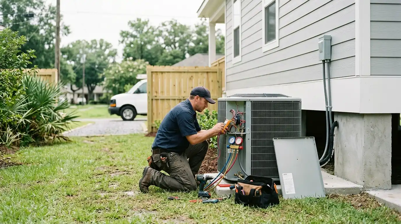 Tune-up on a newer AC unit beside a rebuilt LaPlace home