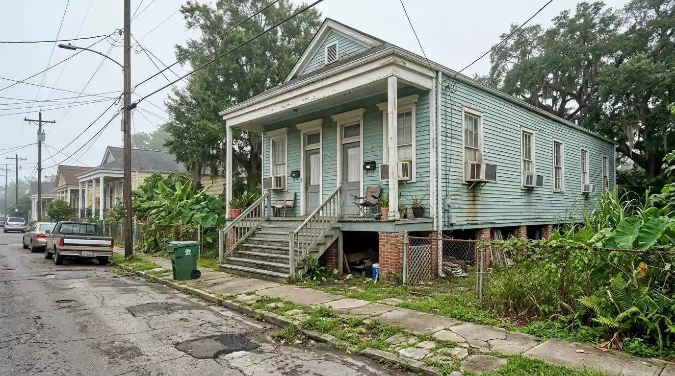 Raised shotgun double with window AC units on a Hollygrove street