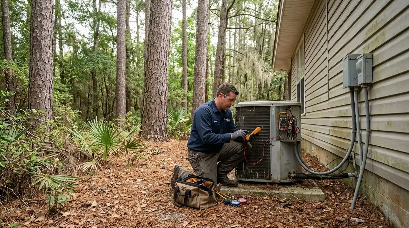 Heat pump being serviced beside a St. Tammany Parish home
