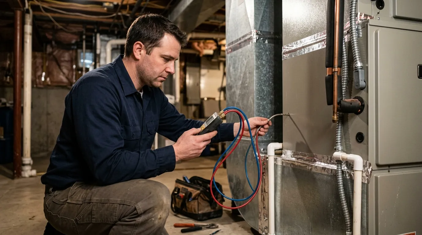 Technician measuring duct static pressure at an air handler