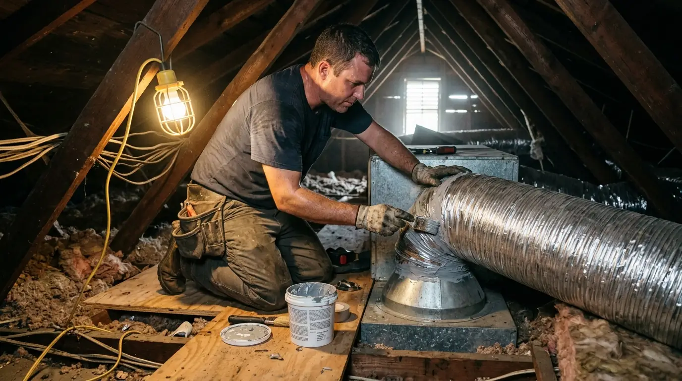 Technician sealing a flex duct connection in a New Orleans attic