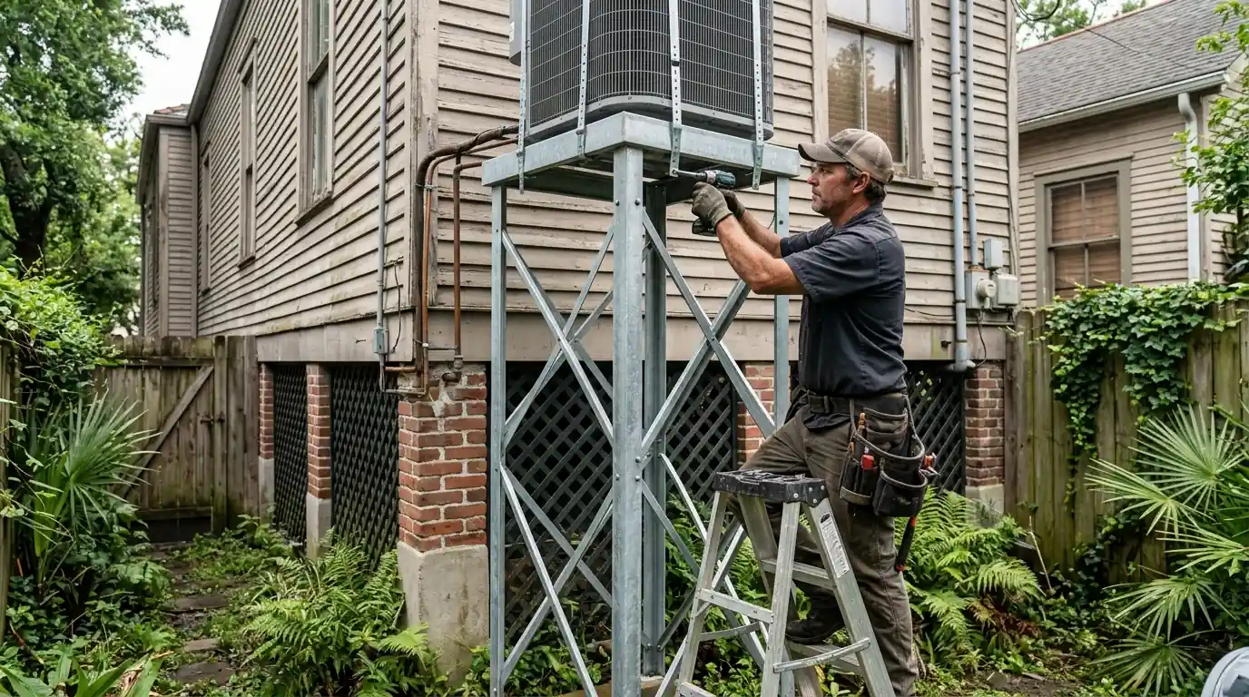 Technician fitting hurricane straps on a raised AC condenser in New Orleans