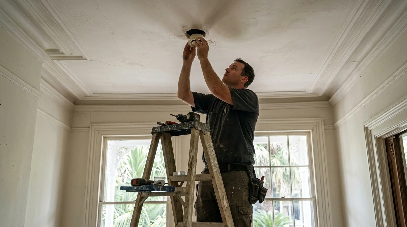 Small round air outlet fitted in a historic plaster ceiling