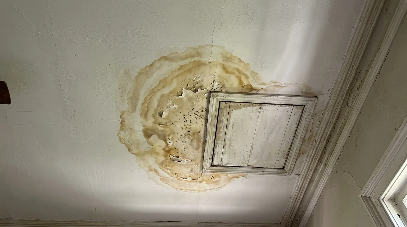 Water stain on a ceiling below an attic air handler