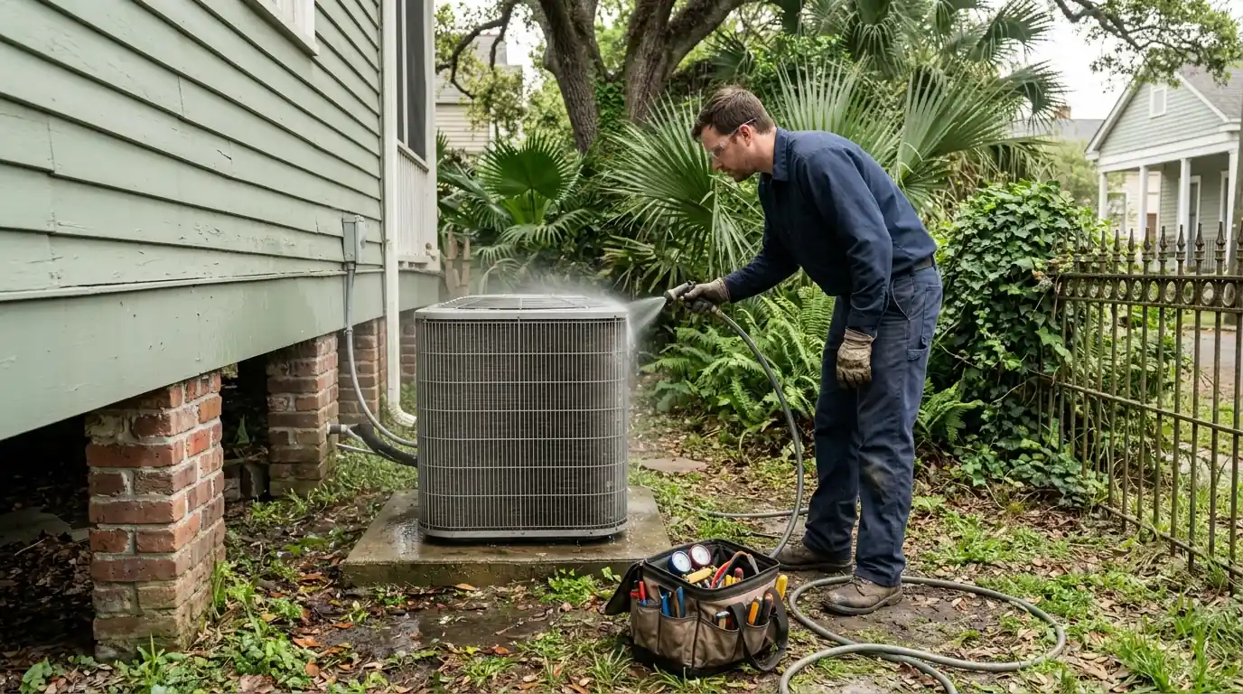 Technician rinsing an outdoor AC coil during a spring tune-up