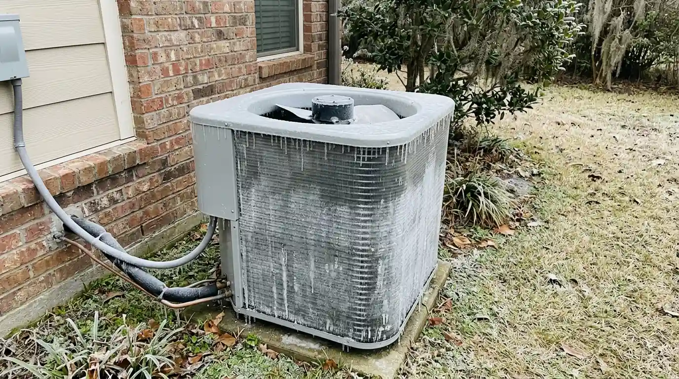 Heat pump outdoor unit with ice on its coil after a freeze