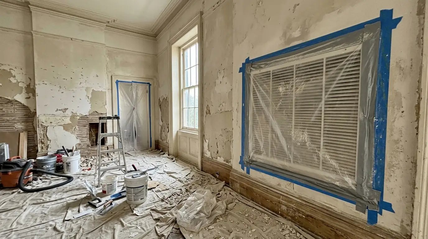 Return grille sealed with plastic during a renovation