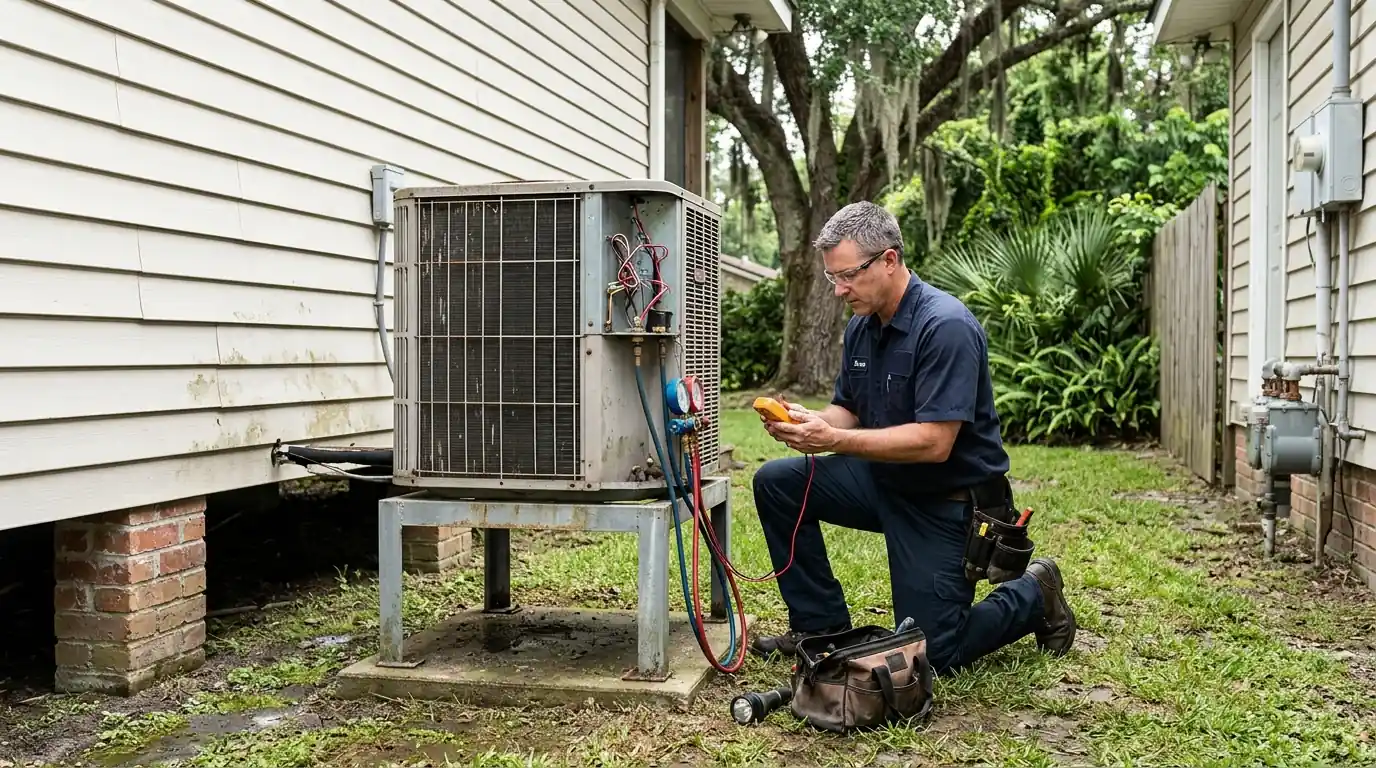 Technician inspecting an outdoor AC unit beside a St. Charles Parish home