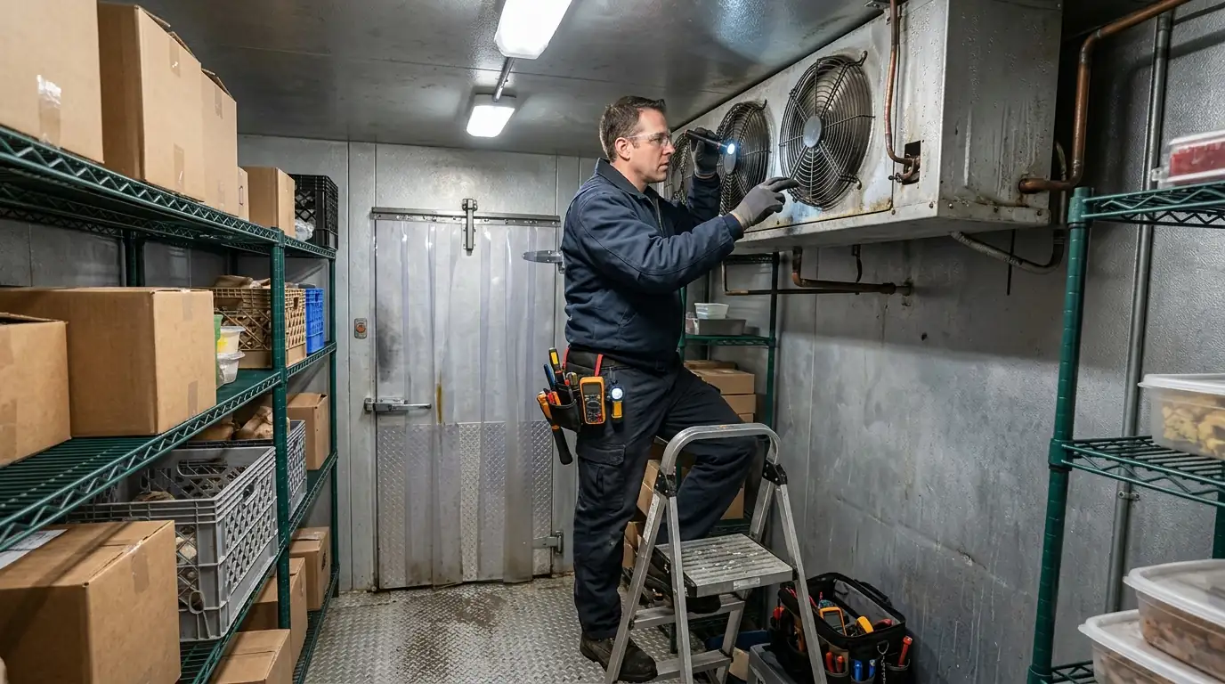 Technician checking the evaporator inside a restaurant walk-in cooler