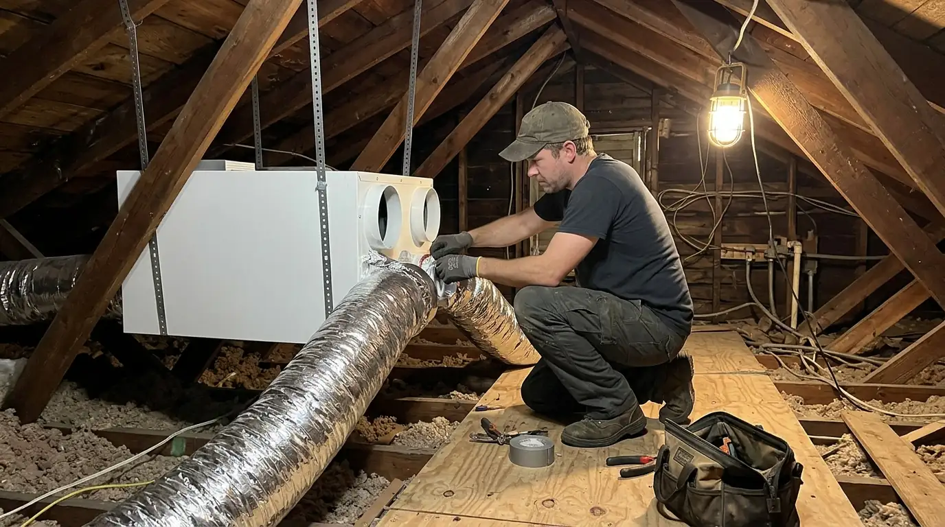 Energy recovery ventilator being connected in a New Orleans attic