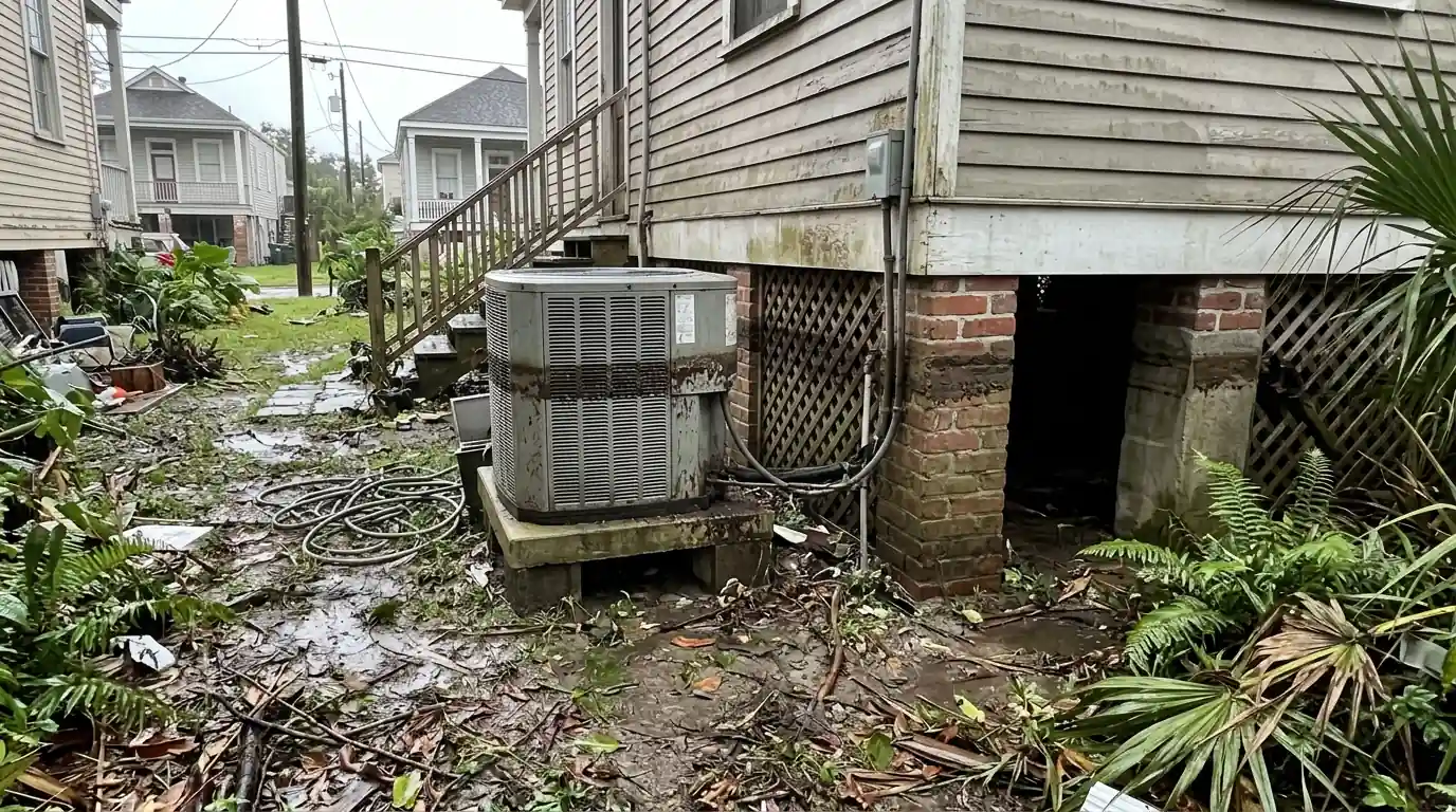 Outdoor AC unit with a muddy waterline after a storm