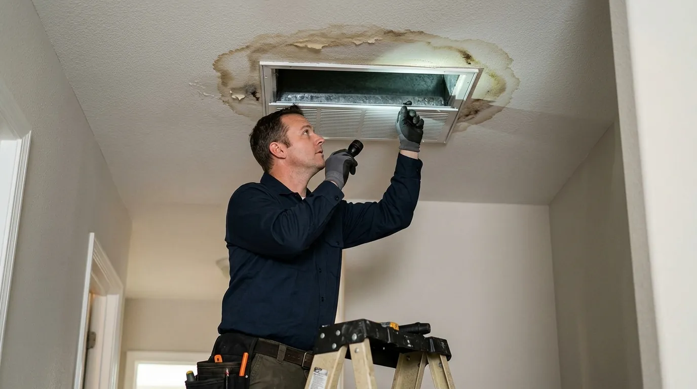 Water stain around a ceiling supply grille from a sweating duct boot