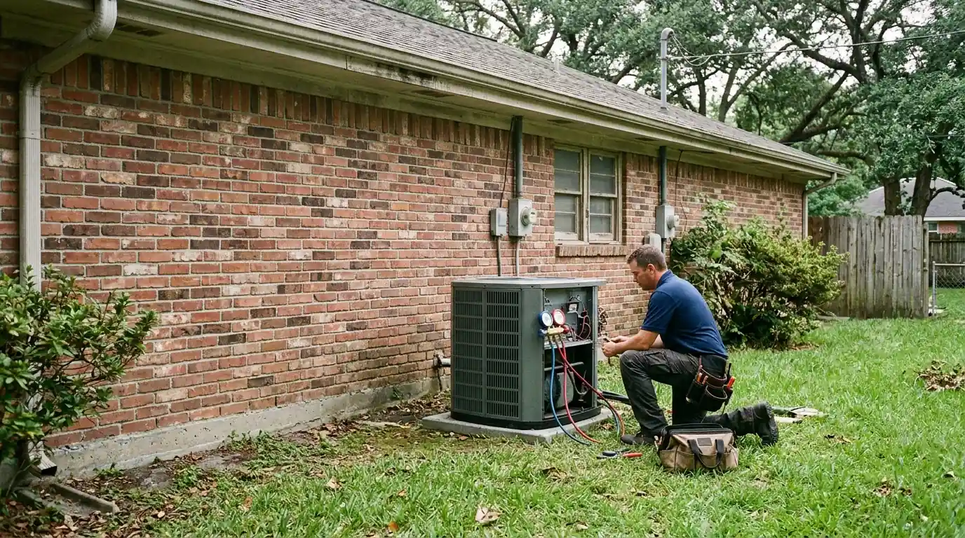 Outdoor AC unit beside a slab home in New Orleans East