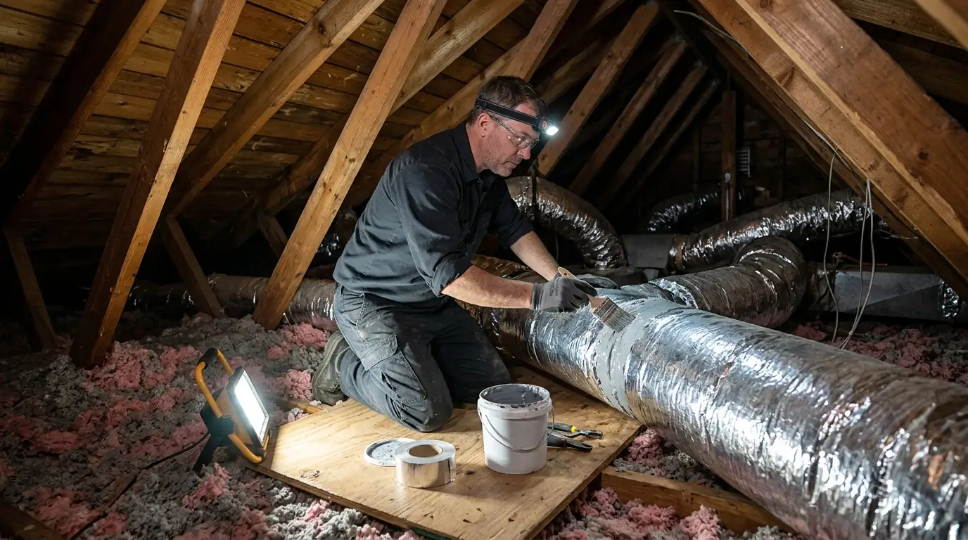 Technician sealing attic ductwork in a Destrehan home