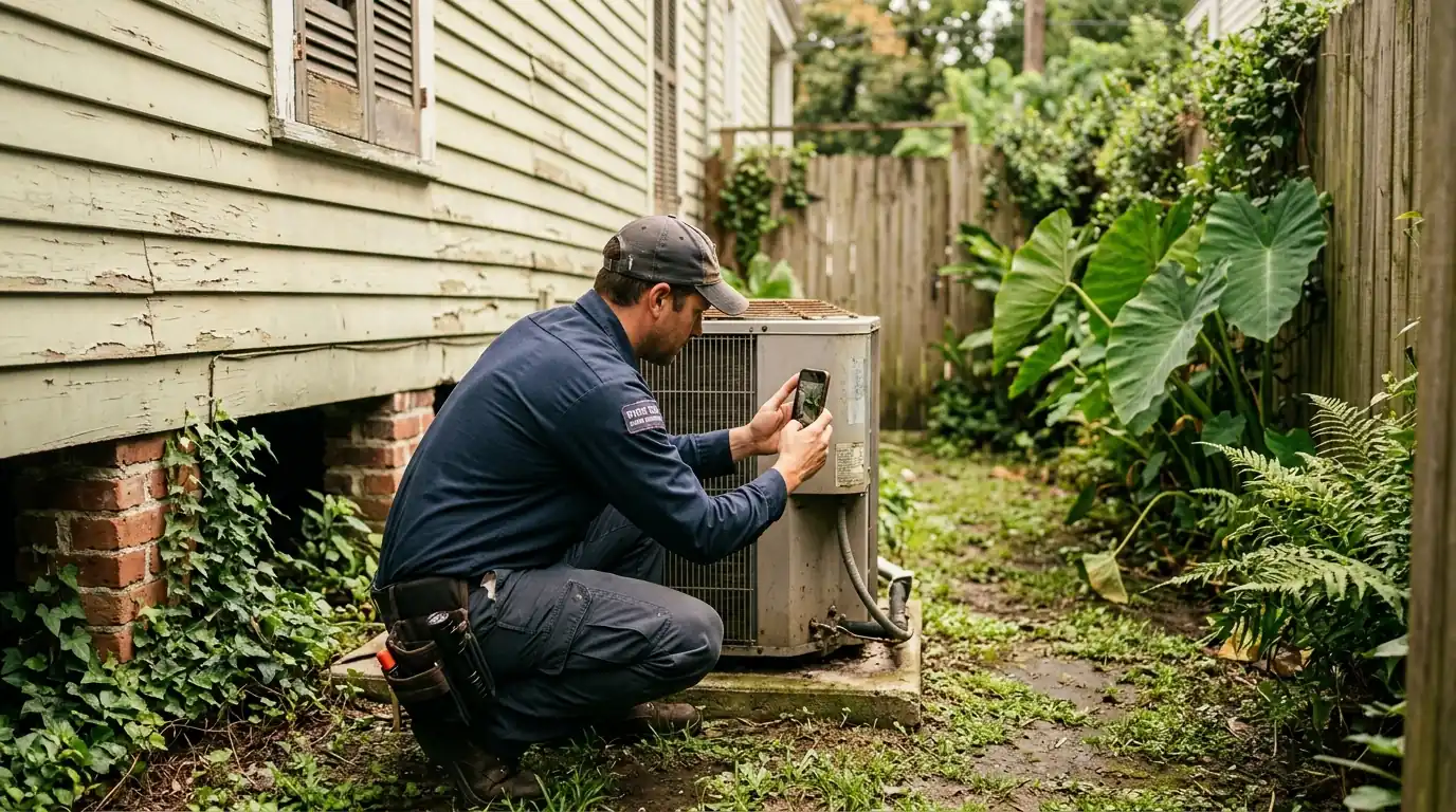 Technician photographing an AC data plate during a home buyer inspection