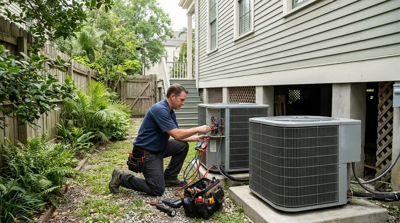 Technician servicing an AC unit beside a raised two-story Lakeview home