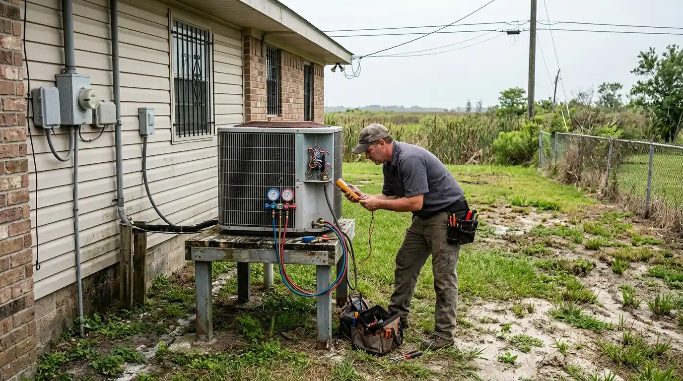 Technician checking an outdoor AC unit on a raised stand in far New Orleans East